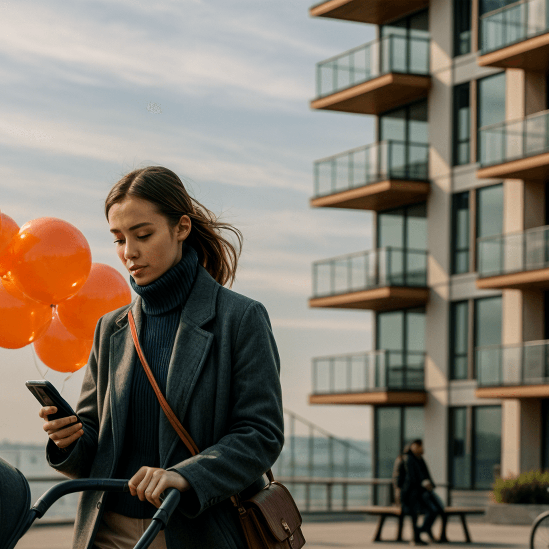 Kvinna med barnvagn som tittar på sin mobiltelefon
