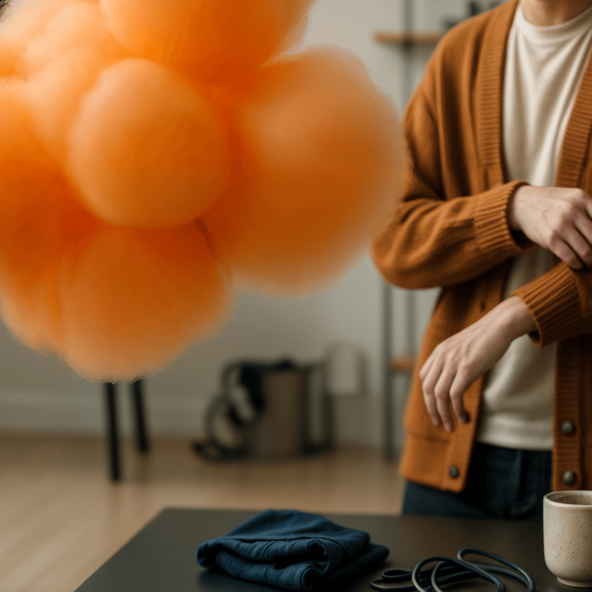 Person som står vid bord med stor orange molnform i förgrunden
